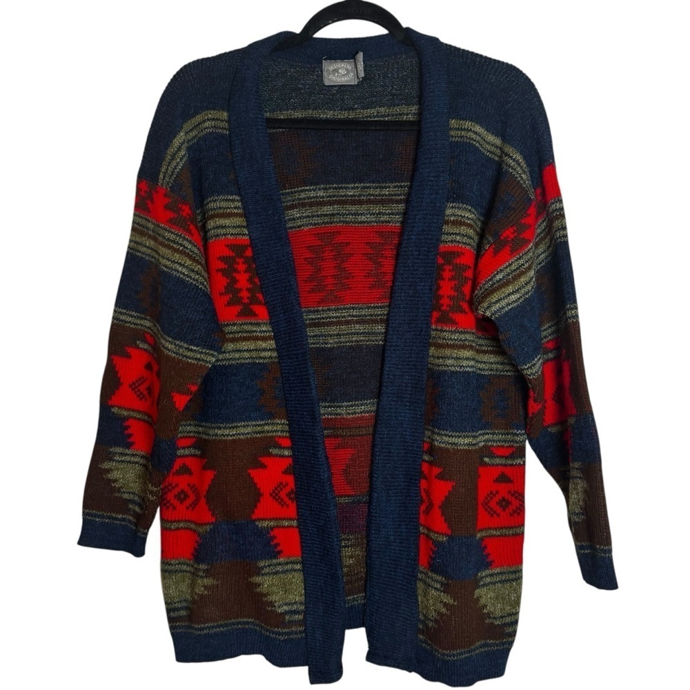 Designers Originals Red and Navy Blue Southwestern Navajo Medium Cardigan